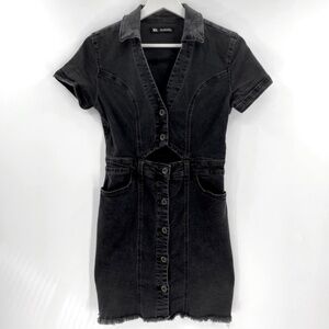 ZARA Black Denim Dress Button Front Cut Out Frayed Hem Size Small